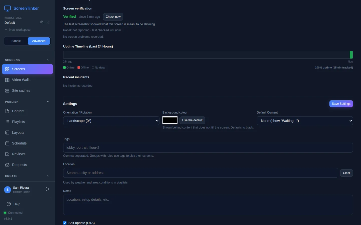The Screen verification section of Counter screen's Device Info tab. It says Verified since 3 minutes ago, with a Check now button, and: The last screenshot showed what this screen is meant to be showing. Below are the Uptime Timeline at 100% uptime, Recent incidents with no incidents recorded, and the Settings section with Orientation, Background colour and Default Content.